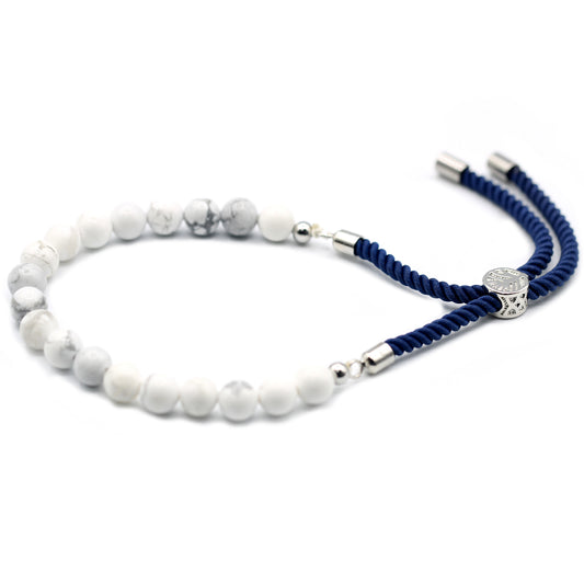 925 Verzilverde Edelstenen Armband met Donkerblauw Koord - Witte Howliet